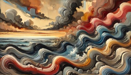 An abstract painting of a seascape with dark, turbulent waves with Burnt sienna, Coral, Atomic tangerine colors