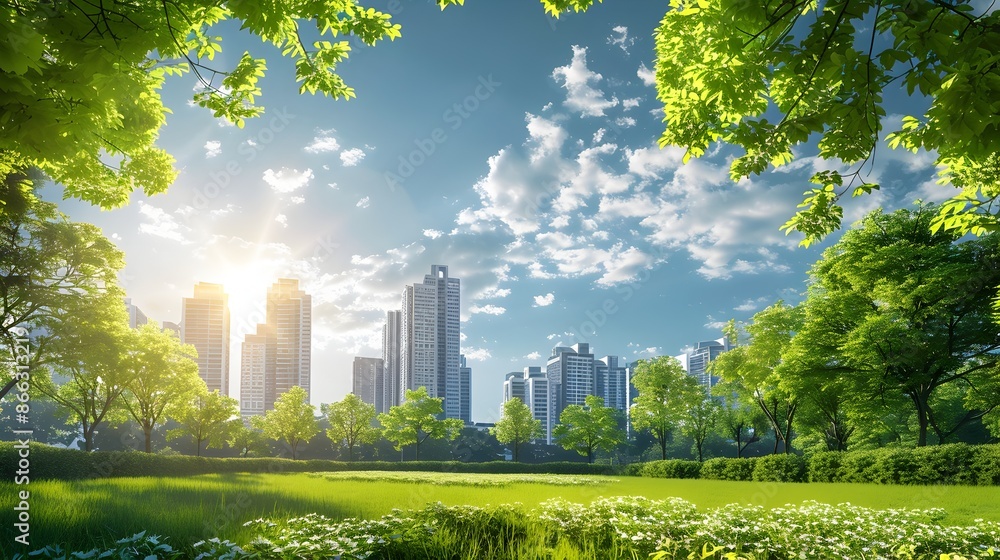 Aufkleber sustainable urban redevelopment with green spaces and modern architecture
