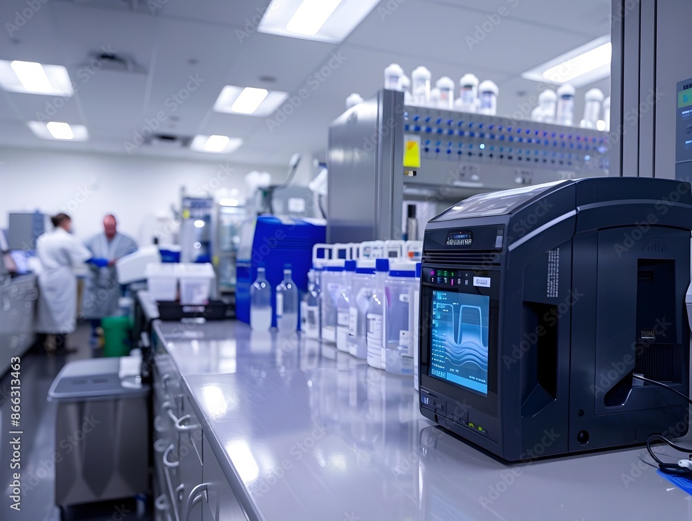Poster advanced water testing lab with digital readouts and analytical equipment
