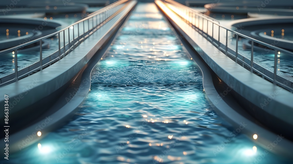 Poster futuristic water canal system with automated flow controls and sensors water management concept