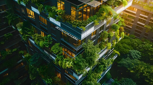 Sustainable Futuristic Building with Integrated Green Spaces and Water Recycling Systems