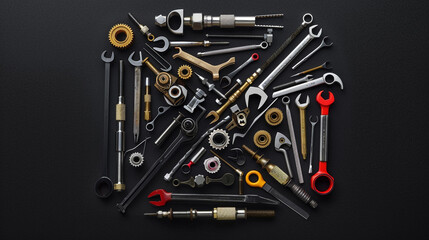 Assorted mechanical tools forming a geometric square on a black background.