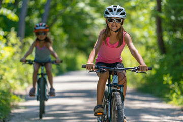Fototapeta premium Two girls happily ride bikes in a lush forest, wearing helmets, creating memories of family fun outdoors