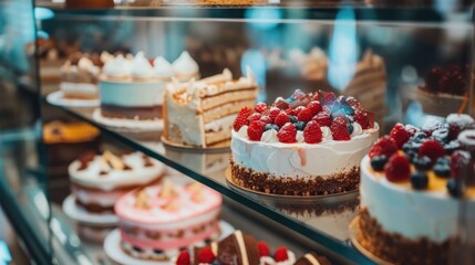 Delicious fresh cakes in the pastry shop behind the glass