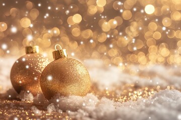 Christmas background with golden balls and snow, bokeh lights.