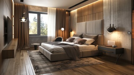 Fototapeta premium interior of bedroom, hotel bedroom, cozy bedroom, comfy bedroom, luxury home interior