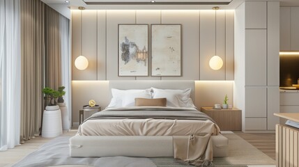 Fototapeta premium interior of bedroom, hotel bedroom, cozy bedroom, comfy bedroom, luxury home interior