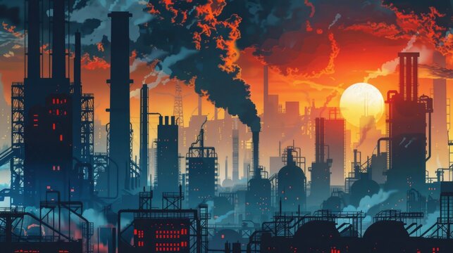 Design of sunset in city with a steampunk theme concept of future of steampunk , factory city abstract illustration design