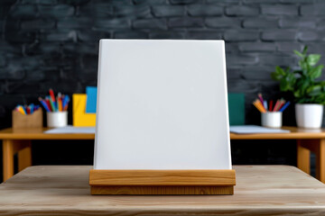 Fototapeta premium Blank podium with a teacher s desk and classroom decor in the background