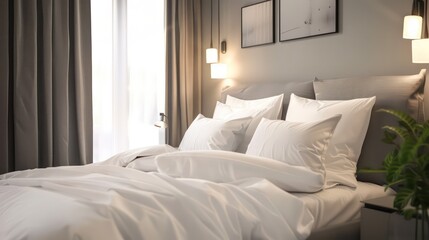 Fototapeta premium interior of bedroom, hotel bedroom, cozy bedroom, comfy bedroom, luxury home interior