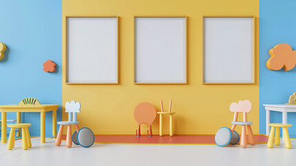 Blank mockup frames on a brightly painted, colorful wall in a kindergarten or children's playroom, ready for display and showcasing concepts with ample copy space.