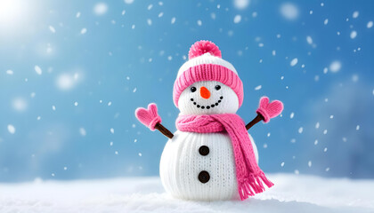 Cute little snowman with pink scarf and copy space