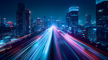 Busy city highway at night with colorful light trails