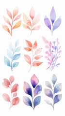 Watercolor set of aesthetic abstract thin branches and leaves in pastel colors, clean white background. Generative AI