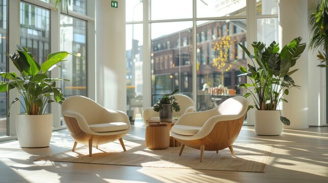 A large open office space with a couch, a coffee table, and a few potted plants