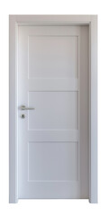 Modern panel door, white laminated MDF with satin finish, minimalist satin nickel square pull handle, PNG with transparent background