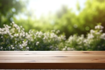 Fuzzy garden background Wooden table backgrounds outdoors.