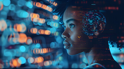 AI cyber security threat illustration, black african american female IT specialist analysing data information technology, augmented reality artificial intelligence collage, side profile, copy space