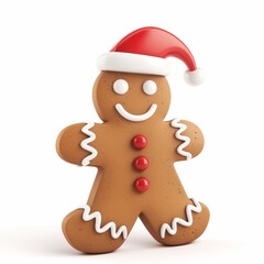 3d Illustration of cute Christmas gingerbread cookie man with red Santa hat isolated on a white background