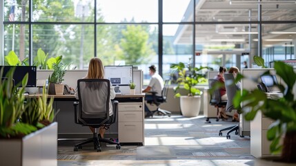 A large open office space with many desks and plants