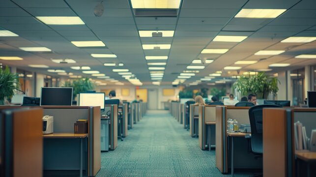 A corporate office environment with cubicles, office chairs, and employees working.