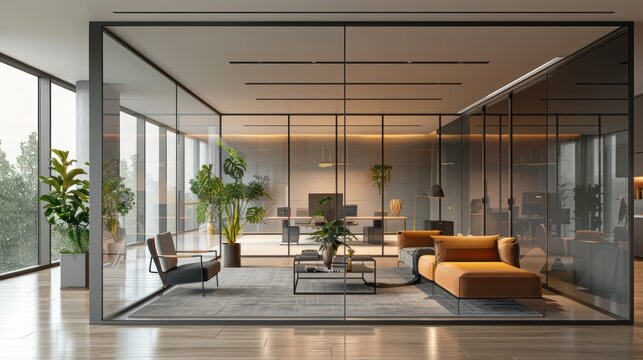 A modern office space with a large window and a living room area