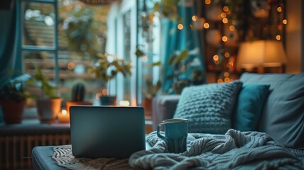 A laptop is on a wooden desk with a cup of coffee and two potted plants