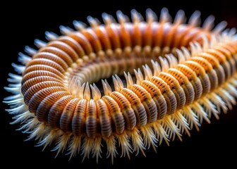 Macro shot of annelid worm's body showcasing segmented cylindrical structure with setae bristles and moist skin texture in a shallow focus on a dark background.