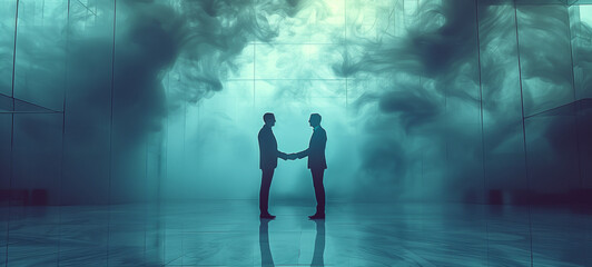 Businessmen shaking hands in a gesture of solidarity with smoke surrounding them