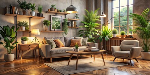 Fototapeta premium Cozy living room interior design mockup featuring a stylish armchair, sleek sofa, and rustic drawing table surrounded by plants and warm ambient lighting.