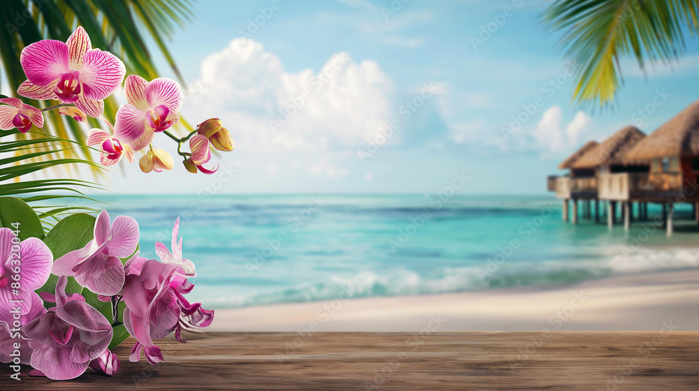 Wall mural Beautiful pink orchids with a tropical beach in the background. Copy space. Generative AI	