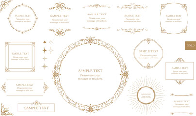 ゴールドの豪華なアンティークフレームと飾り枠のデザインセット　エレガント　ウェディング