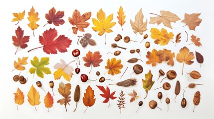 set of leaves. 
Drawing of a set of various autumn leaves, rowan, acorn and chestnut. Colored fashion illustration. Stamp texture.