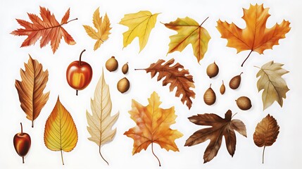 Fototapeta premium Drawing of a set of various autumn leaves, rowan, acorn and chestnut. Colored fashion illustration. Stamp texture.