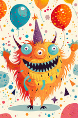 Vibrant and playful monster party scene with colorful character wearing a party hat, surrounded by balloons and confetti on light yellow background. Children's birthday. Event for kids.