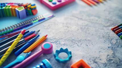 Bright educational tools forming a neat square on a light grey surface.