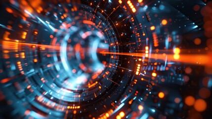 Fototapeta premium A bright orange and blue lighted tunnel with a blue light at the end
