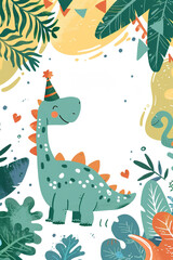 Adorable illustration of a cheerful green dinosaur in a party hat surrounded by a festive jungle setting, perfect for children's birthday invitations or decorations. Vertical format.
