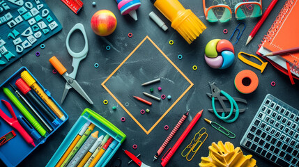 Bright educational tools arranged in a geometric square on a dark grey surface.