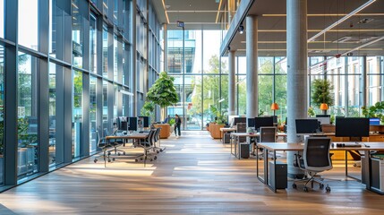 A large open office space with many desks and chairs