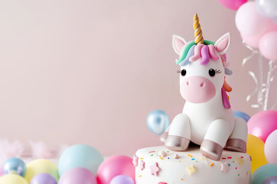 Cute unicorn, balloons and copy space on pink background. Birthday backdrop with empty space for text. Invitation or greeting card for girls. Playful, vibrant design. Event for kids.