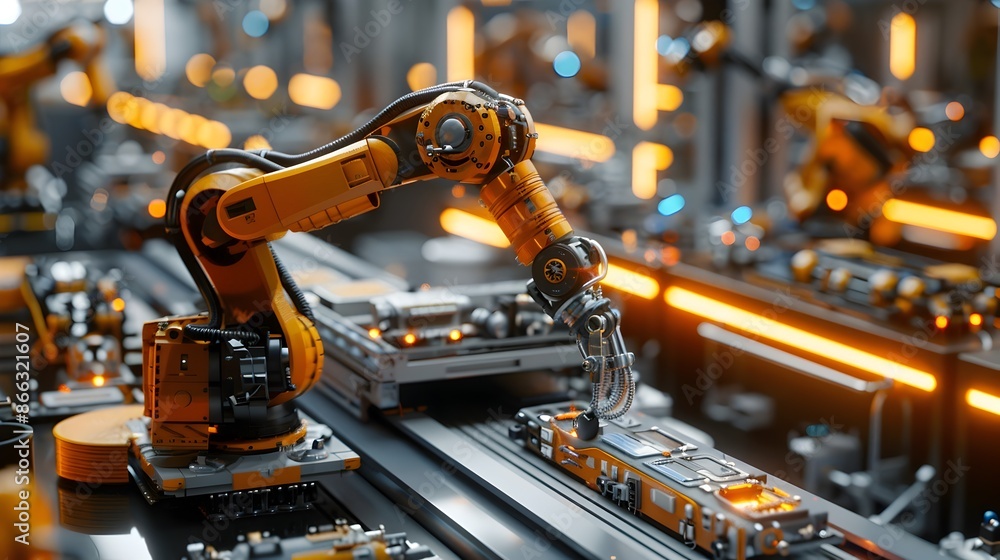 Poster advanced industrial robot assembling complex machinery with precision and speed in factory