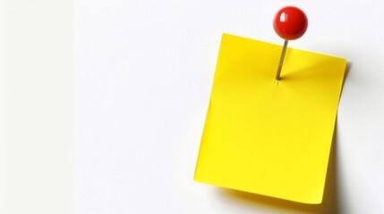 Yellow sticker note with red pin isolated on white background