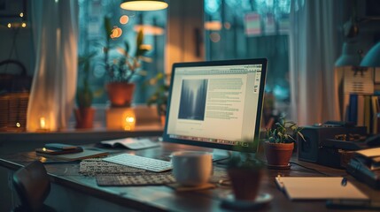 A computer monitor sits on a desk with a keyboard and a cup of coffee