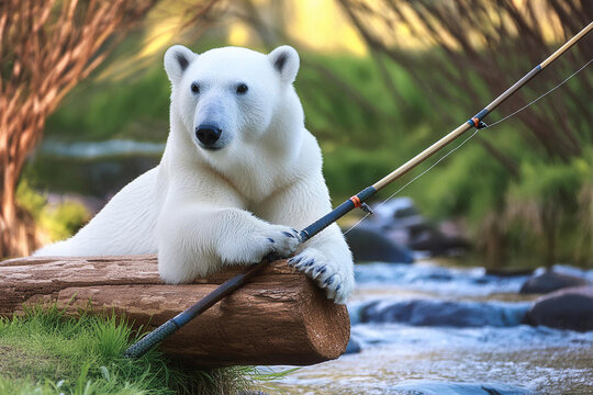 Oso polar de pesca en el r&iacute;o con una ca&ntilde;a