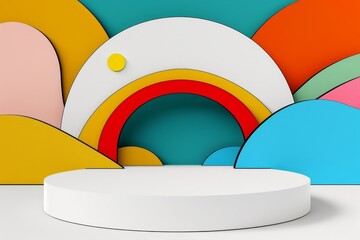 Colorful Abstract Background with Round Podium and Rainbow Elements Display
