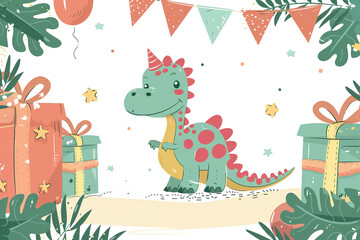 Obraz premium Adorable children's birthday card illustration featuring a smiling green dinosaur with a party hat, surrounded by gifts, balloons, and festive decorations.