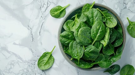 Obraz premium A bowl of fresh spinach leaves on a marble countertop