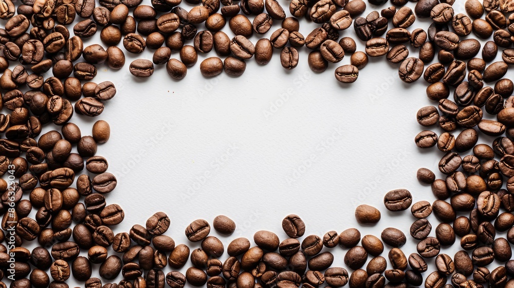 Poster top view of coffee beans forming a white frame space for text flat lay