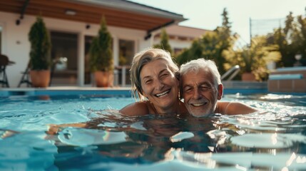 Fototapeta premium The happy elderly couple swimming